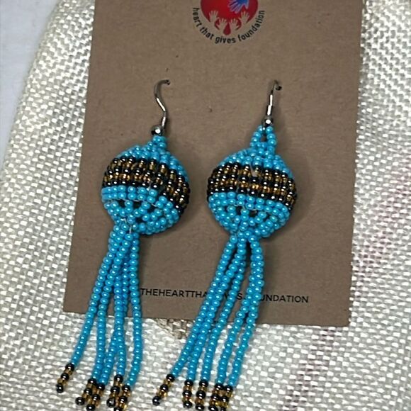 Jewelry - Long blue, bronze and black beaded earrings